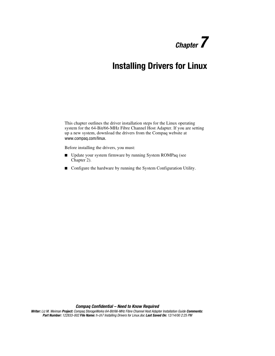 Chapter 7: installing drivers for linux, Chapter 7, Installing drivers for linux | Chapter | Compaq 64-Bit User Manual | Page 37 / 55