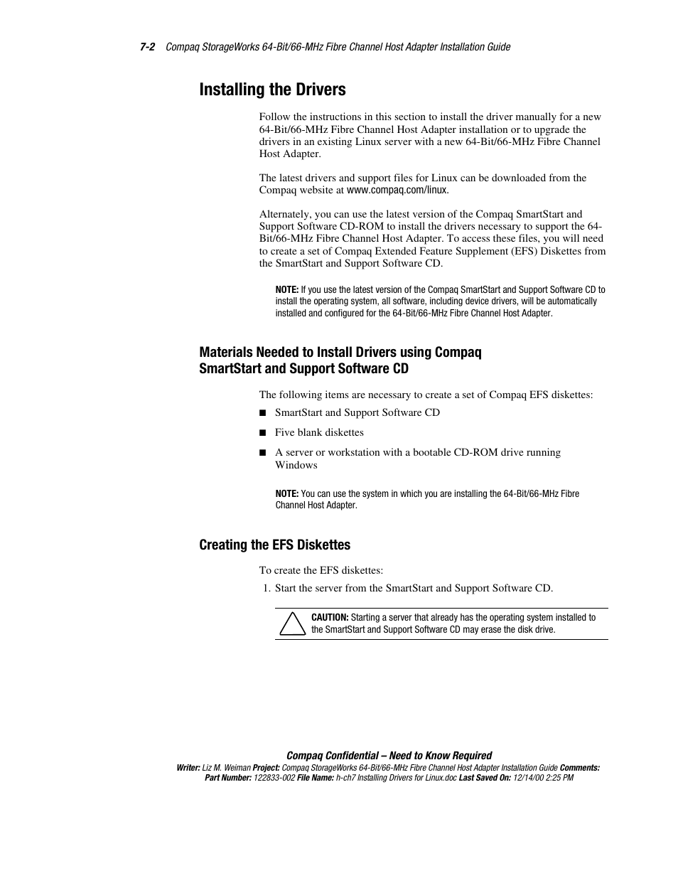 Installing the drivers, Creating the efs diskettes | Compaq 64-Bit User Manual | Page 38 / 55