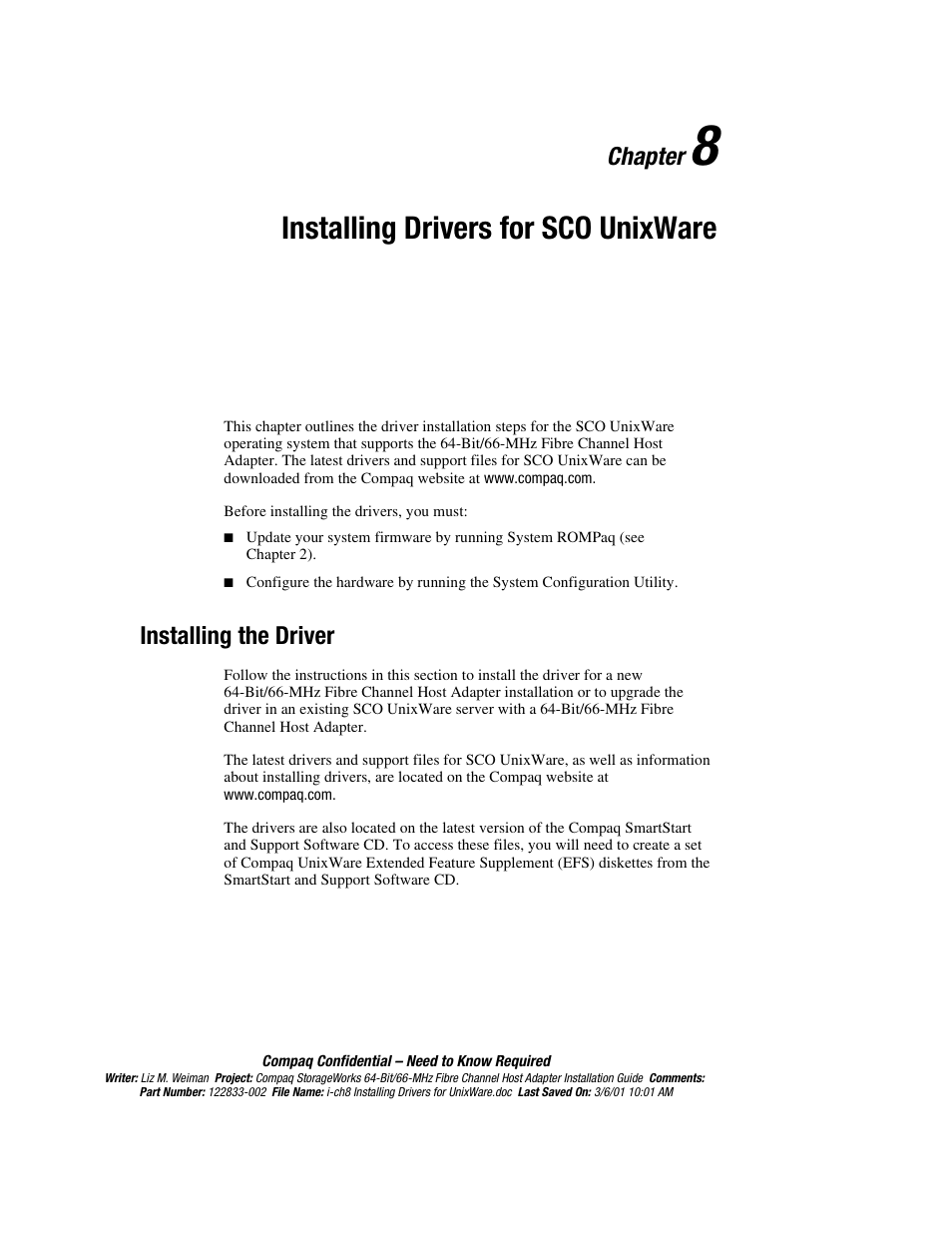 Chapter 8: installing drivers for sco unixware, Installing the driver, Chapter 8 | Installing drivers for sco unixware, Chapter | Compaq 64-Bit User Manual | Page 41 / 55