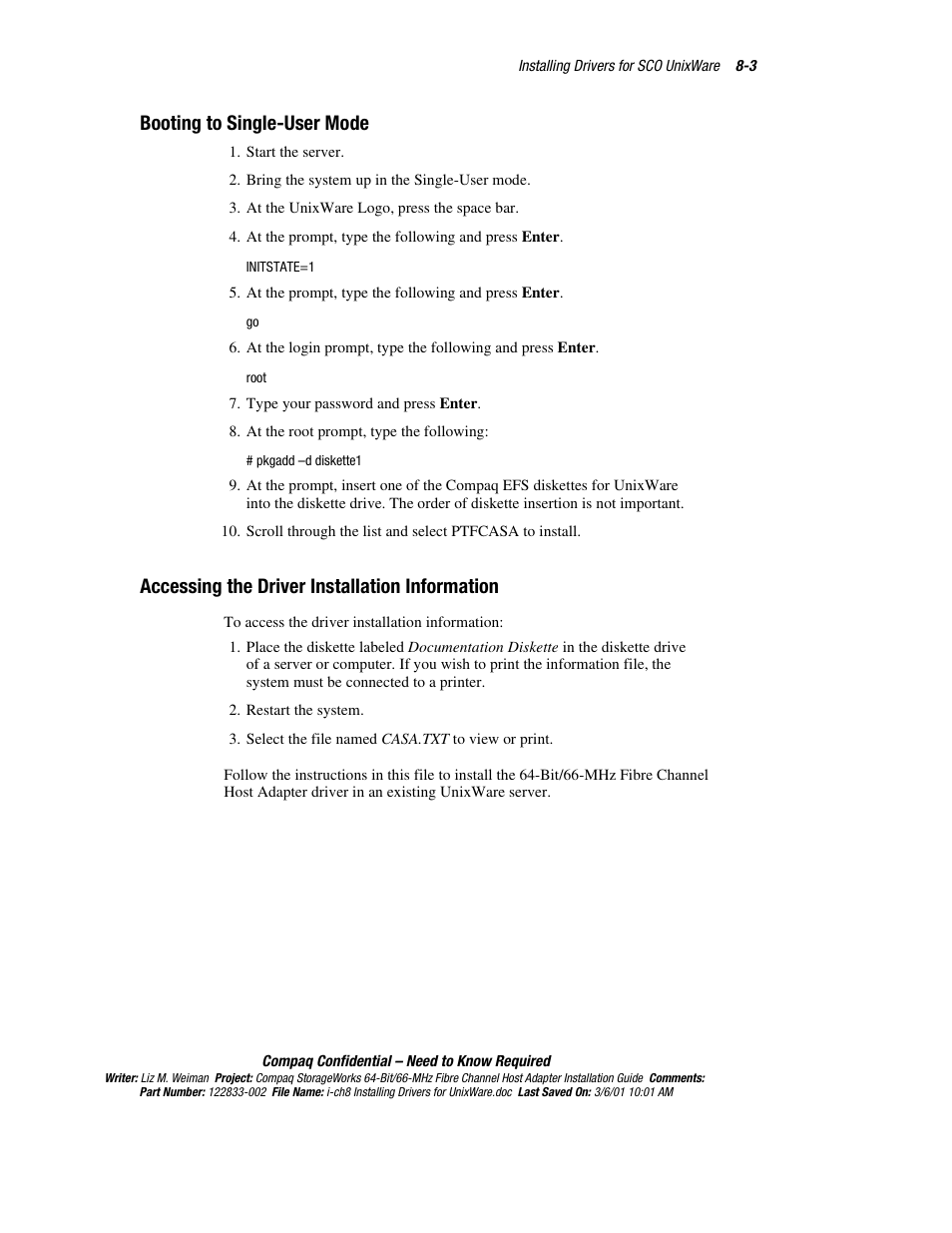 Booting to single-user mode, Accessing the driver installation information | Compaq 64-Bit User Manual | Page 43 / 55