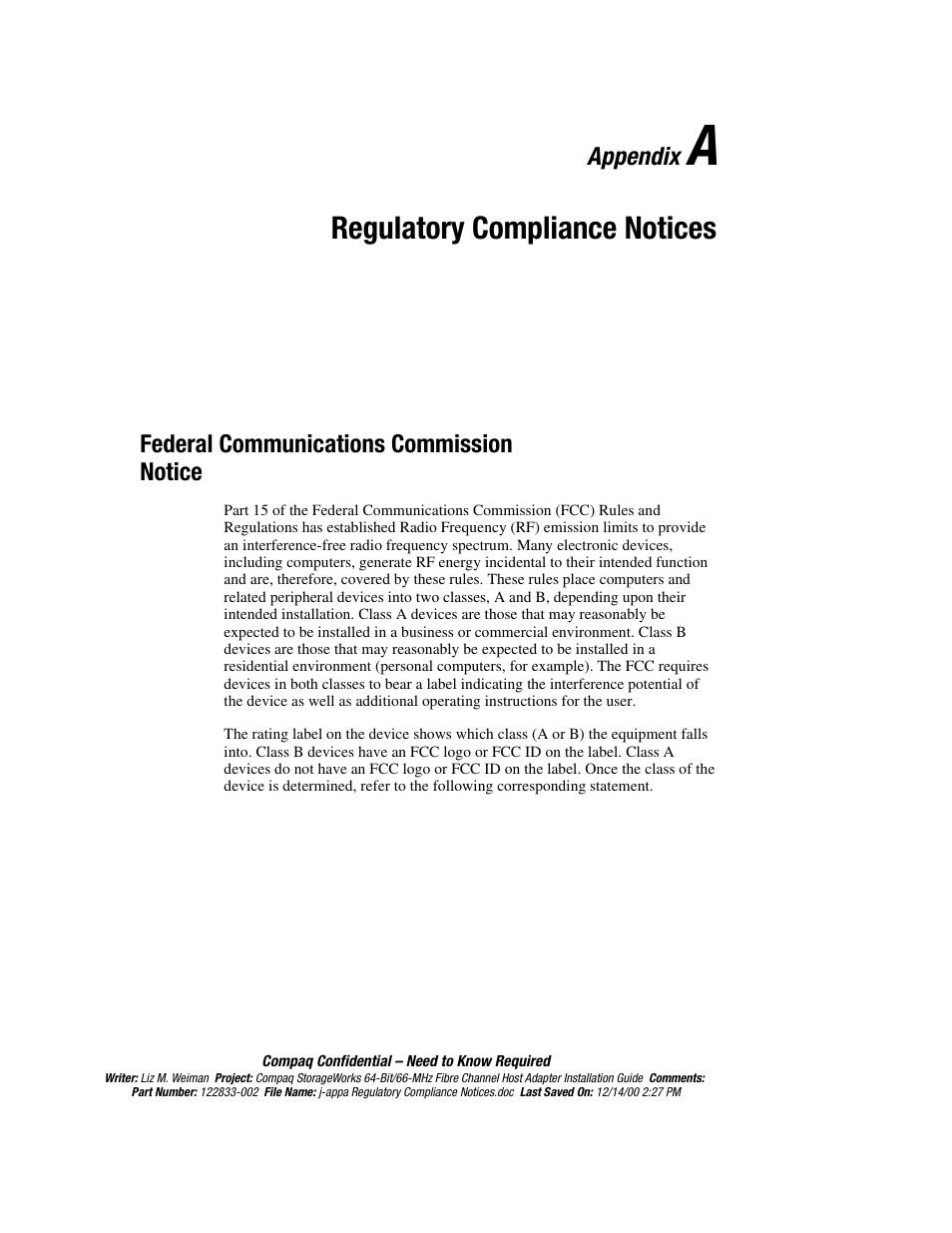 Appendix a: regulatory compliance notices, Federal communications commission notice, Appendix a | Regulatory compliance notices | Compaq 64-Bit User Manual | Page 45 / 55