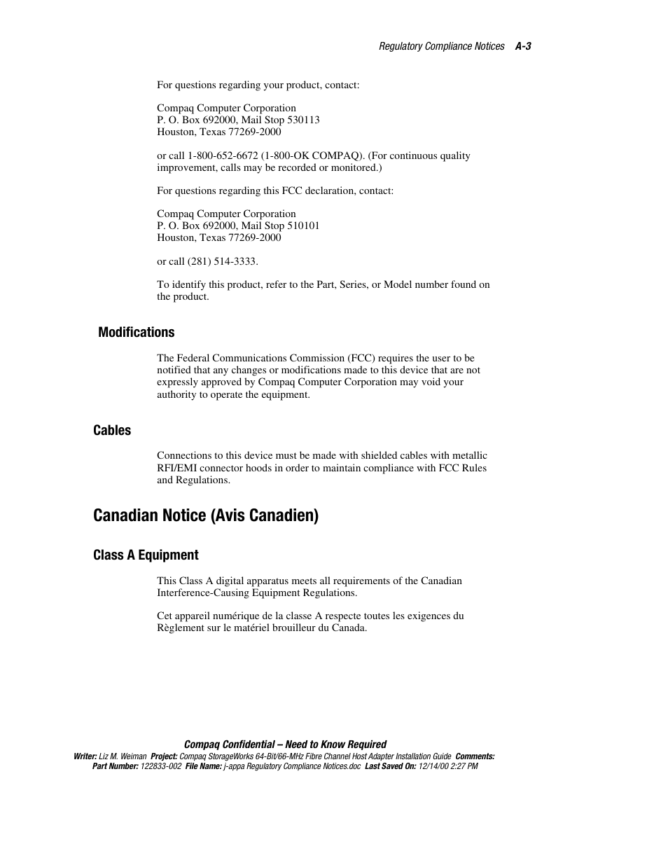 Modifications, Cables, Canadian notice (avis canadien) | Class a equipment | Compaq 64-Bit User Manual | Page 47 / 55