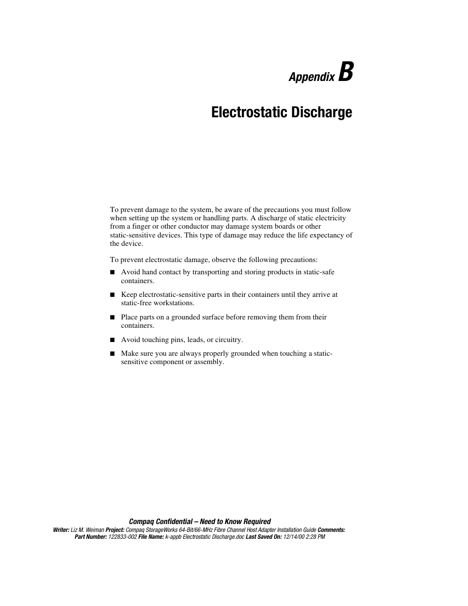 Appendix b: electrostatic discharge, Appendix b, Electrostatic discharge | Appendix | Compaq 64-Bit User Manual | Page 50 / 55