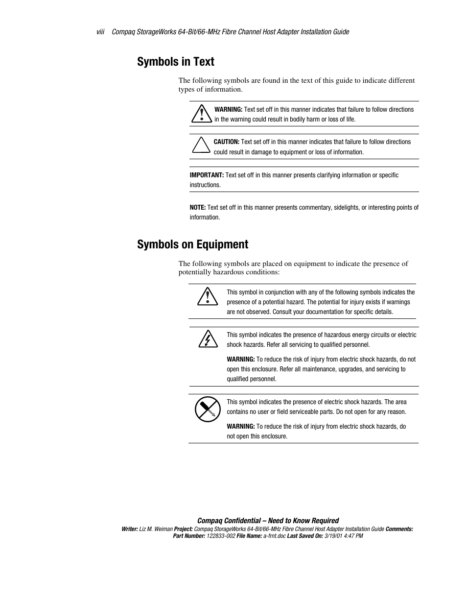 Symbols in text, Symbols on equipment | Compaq 64-Bit User Manual | Page 7 / 55