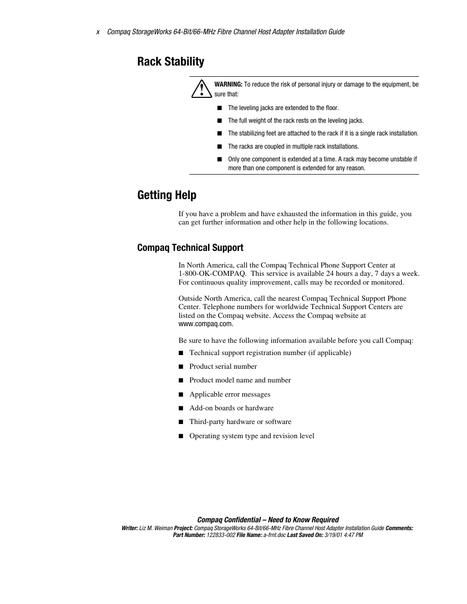 Rack stability, Getting help, Compaq technical support | Compaq 64-Bit User Manual | Page 9 / 55