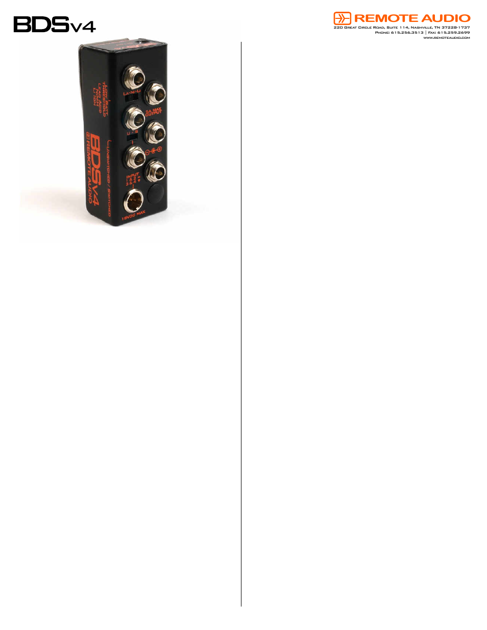 Remote Audio BDSv4 User Manual | 2 pages