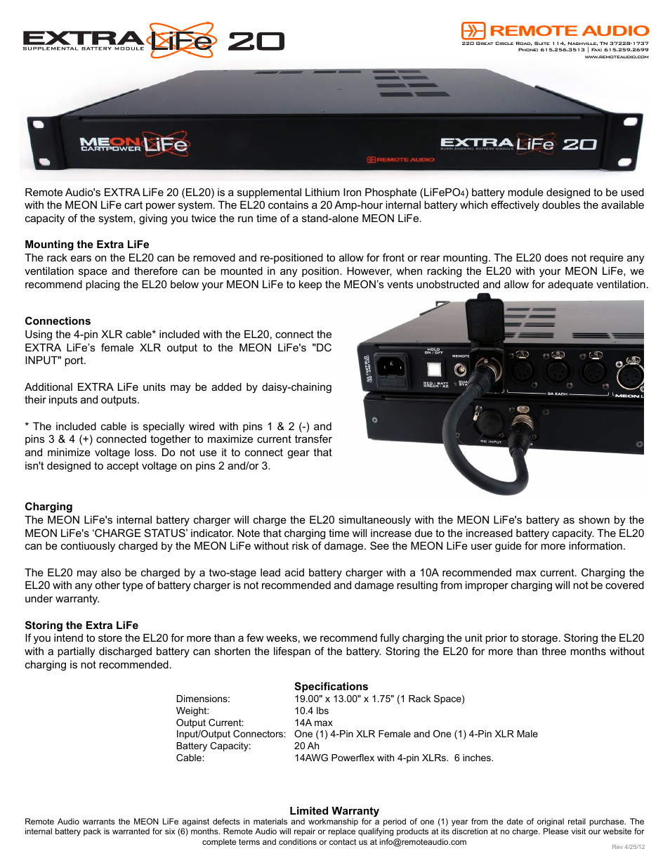 Remote Audio EXTRA LiFe 20 User Manual | 1 page