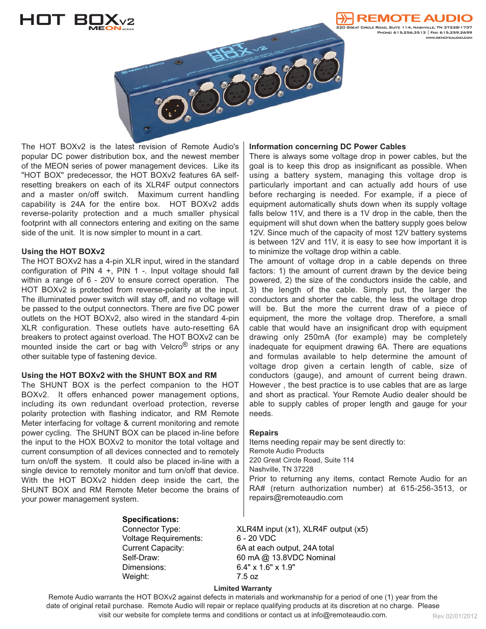Remote Audio Hot Box v2 User Manual | 1 page