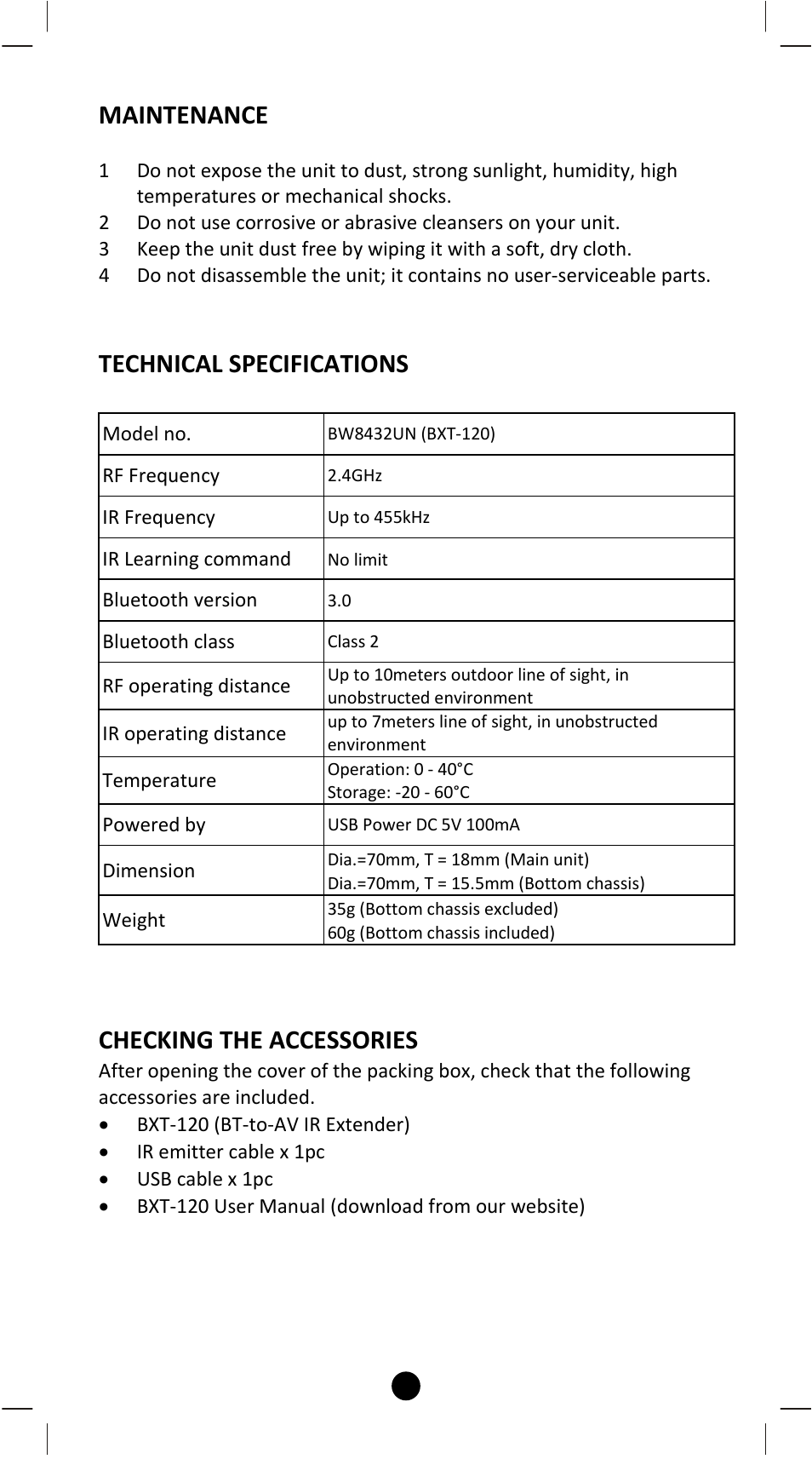 Maintenance, Technical specifications, Checking the accessories | Remotec BXT-120 V2.0 User Manual | Page 48 / 50