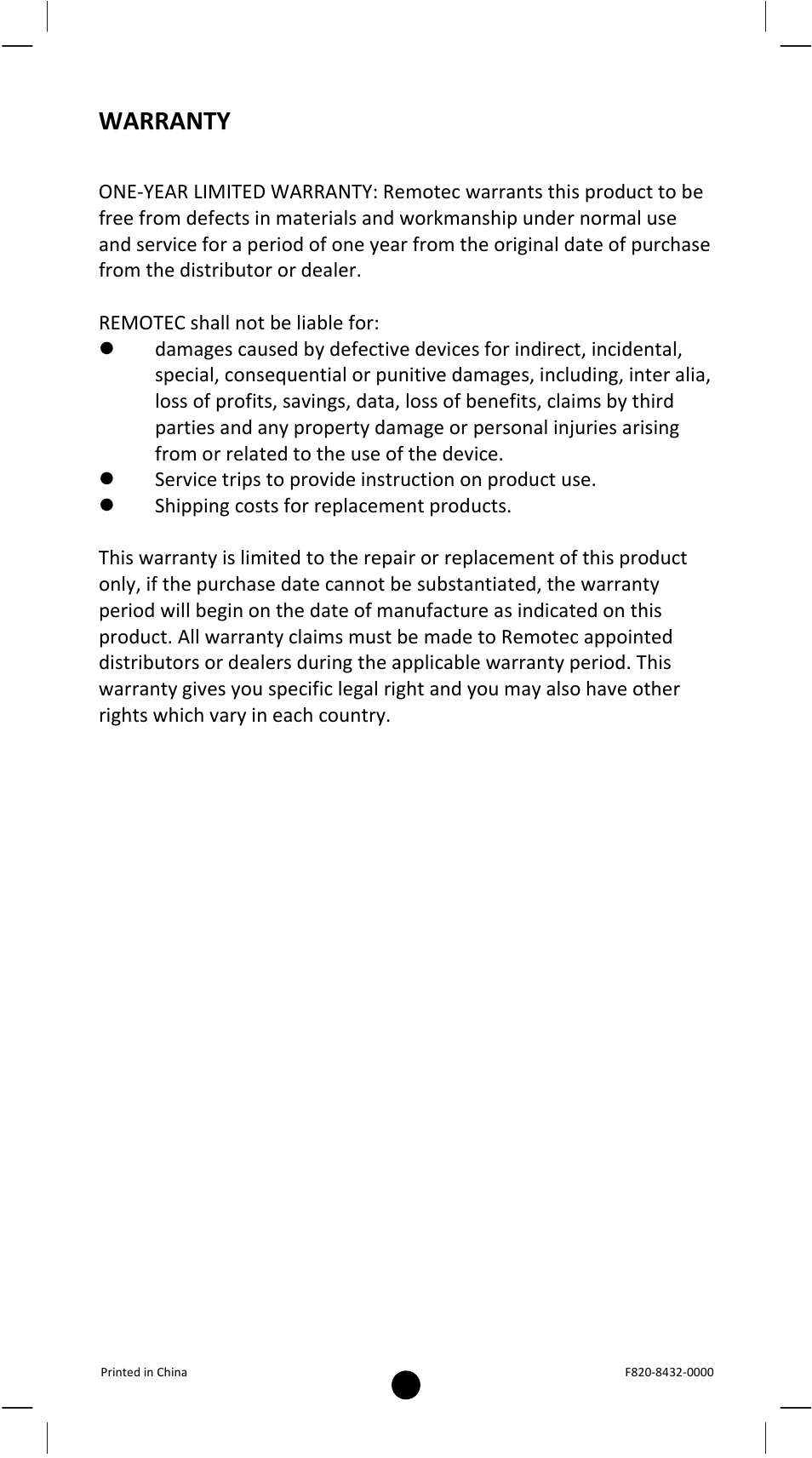 Warranty | Remotec BXT-120 V2.0 User Manual | Page 50 / 50