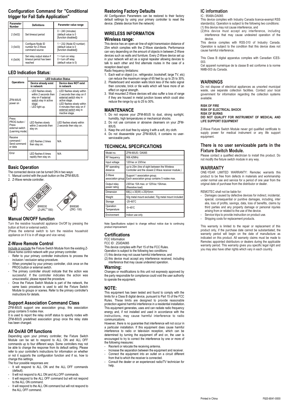 Restoring factory defaults, Wireless information wireless range, Maintenance | Technical specifications, Certifications, Warning, Manual on/off function z-wave remote control, Support association command class, All on/all off functions, Ic information | Remotec ZFM-80 User Manual | Page 2 / 2