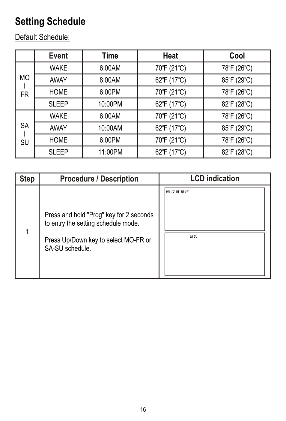 Setting schedule, Time event, Heat cool | Mo i fr, 70 f (21 c), 62 f (17 c), 78 f (26 c), 85 f (29 c), 82 f (28 c) | Remotec ZTS-100 V2.04 User Manual | Page 17 / 32