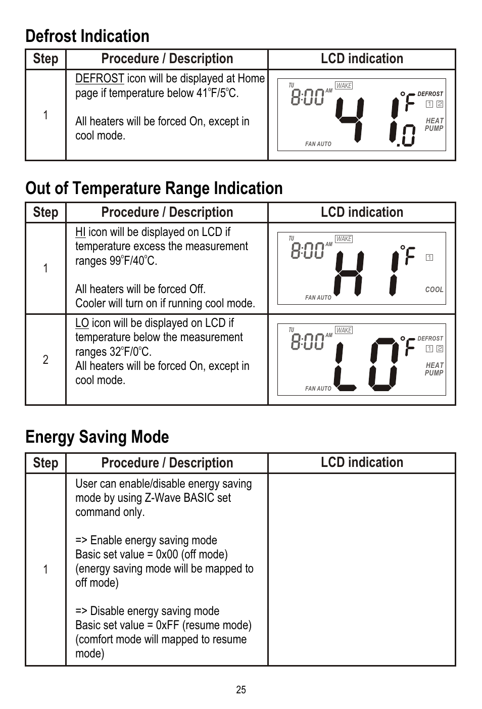 Lcd indication step procedure / description, Defrost icon will be displayed at home | Remotec ZTS-100 V2.04 User Manual | Page 26 / 32