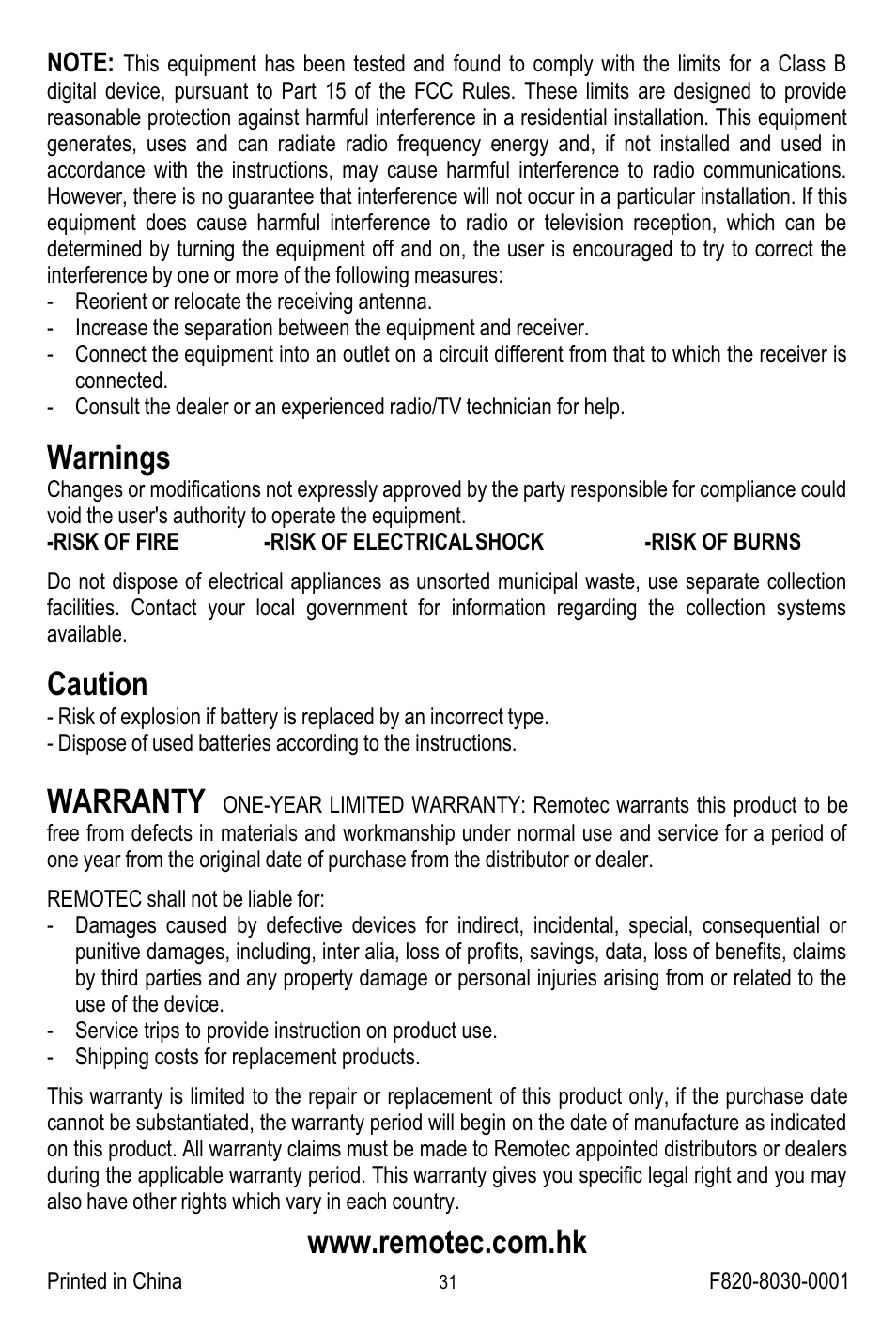 Warnings, Caution, Warranty | Remotec ZTS-100 V2.04 User Manual | Page 32 / 32