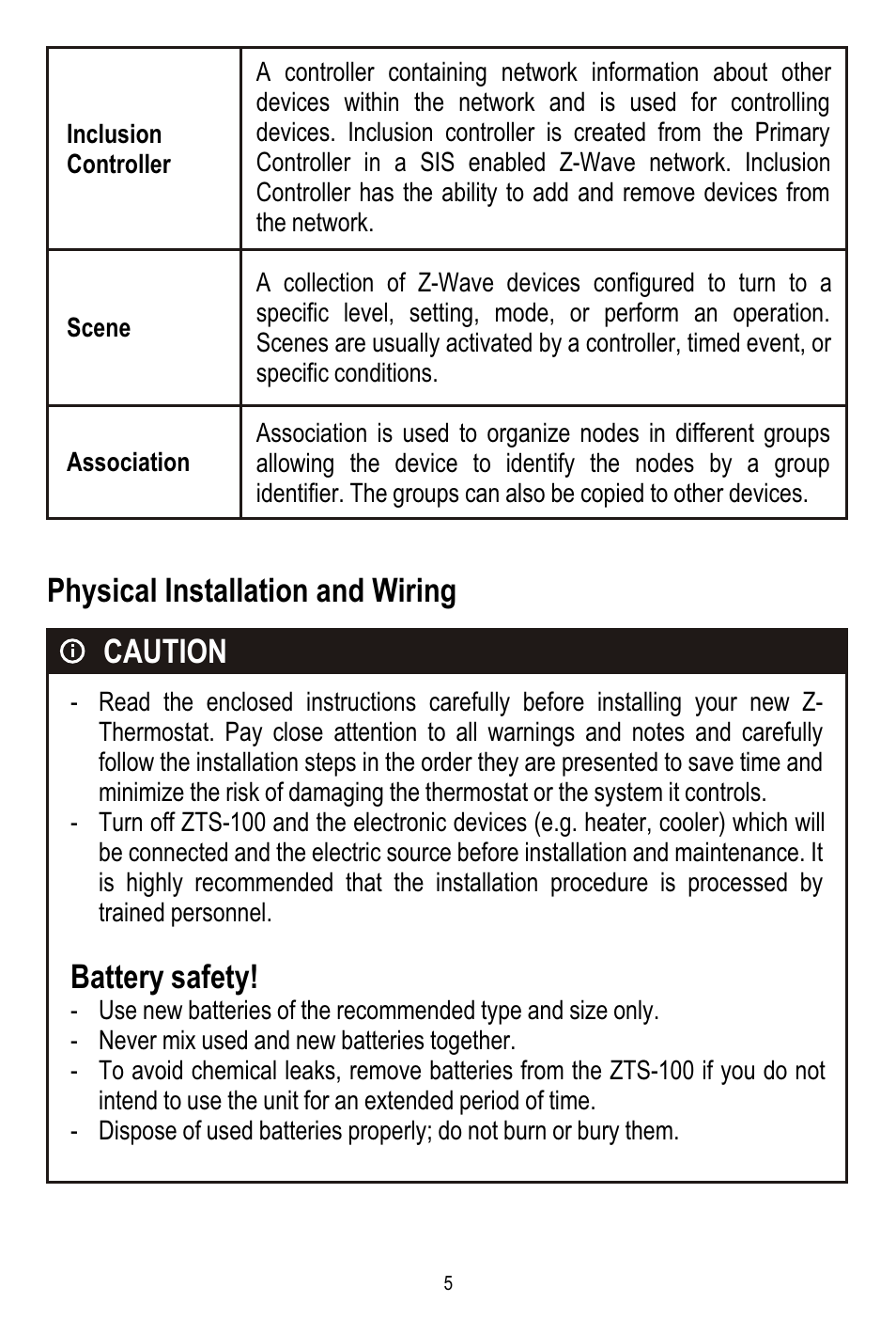 Physical installation and wiring, Caution, Battery safety | Remotec ZTS-100 V2.04 User Manual | Page 6 / 32