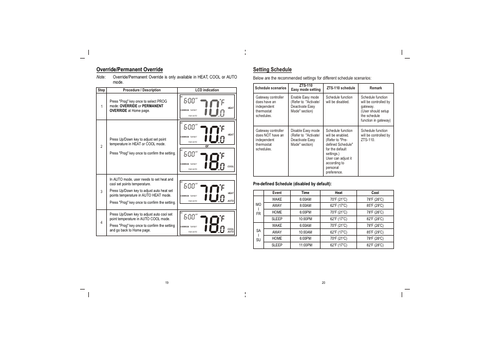 Override/permanent override, Setting schedule | Remotec ZTS-110 V3.05 User Manual | Page 11 / 20