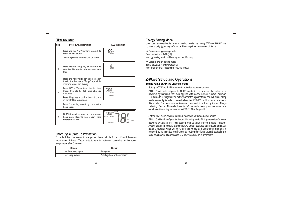Z-wave setup and operations, Filter counter short cycle start up protection, Energy saving mode | Remotec ZTS-110 V3.05 User Manual | Page 14 / 20