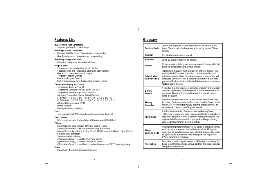 Features list, Glossary | Remotec ZTS-110 V3.05 User Manual | Page 3 / 20