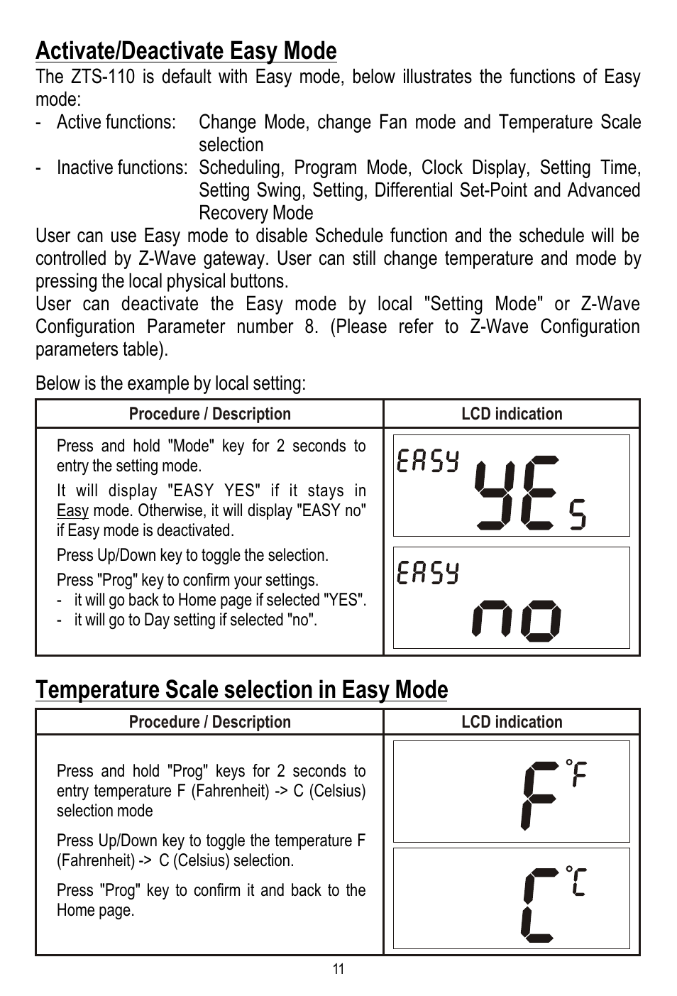 Activate/deactivate easy mode, Temperature scale selection in easy mode | Remotec ZTS-110 V3.12 User Manual | Page 12 / 40