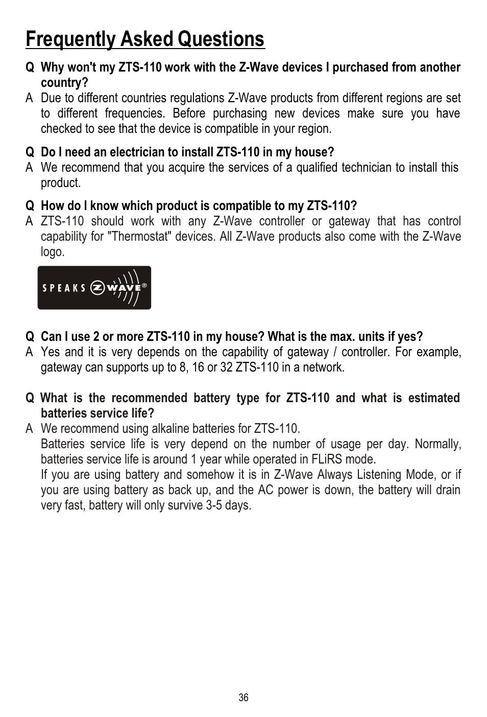 Frequently asked questions | Remotec ZTS-110 V3.12 User Manual | Page 37 / 40