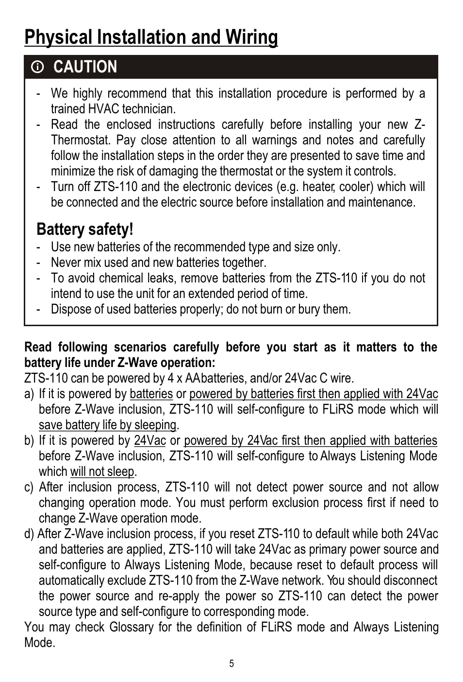 Physical installation and wiring, Caution, Battery safety | Remotec ZTS-110 V3.12 User Manual | Page 6 / 40