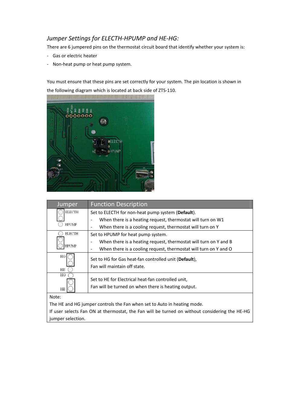 Jumper settings for electh‐hpump and he‐hg, Jumper function description | Remotec ZTS-110 V3.14 User Manual | Page 11 / 42