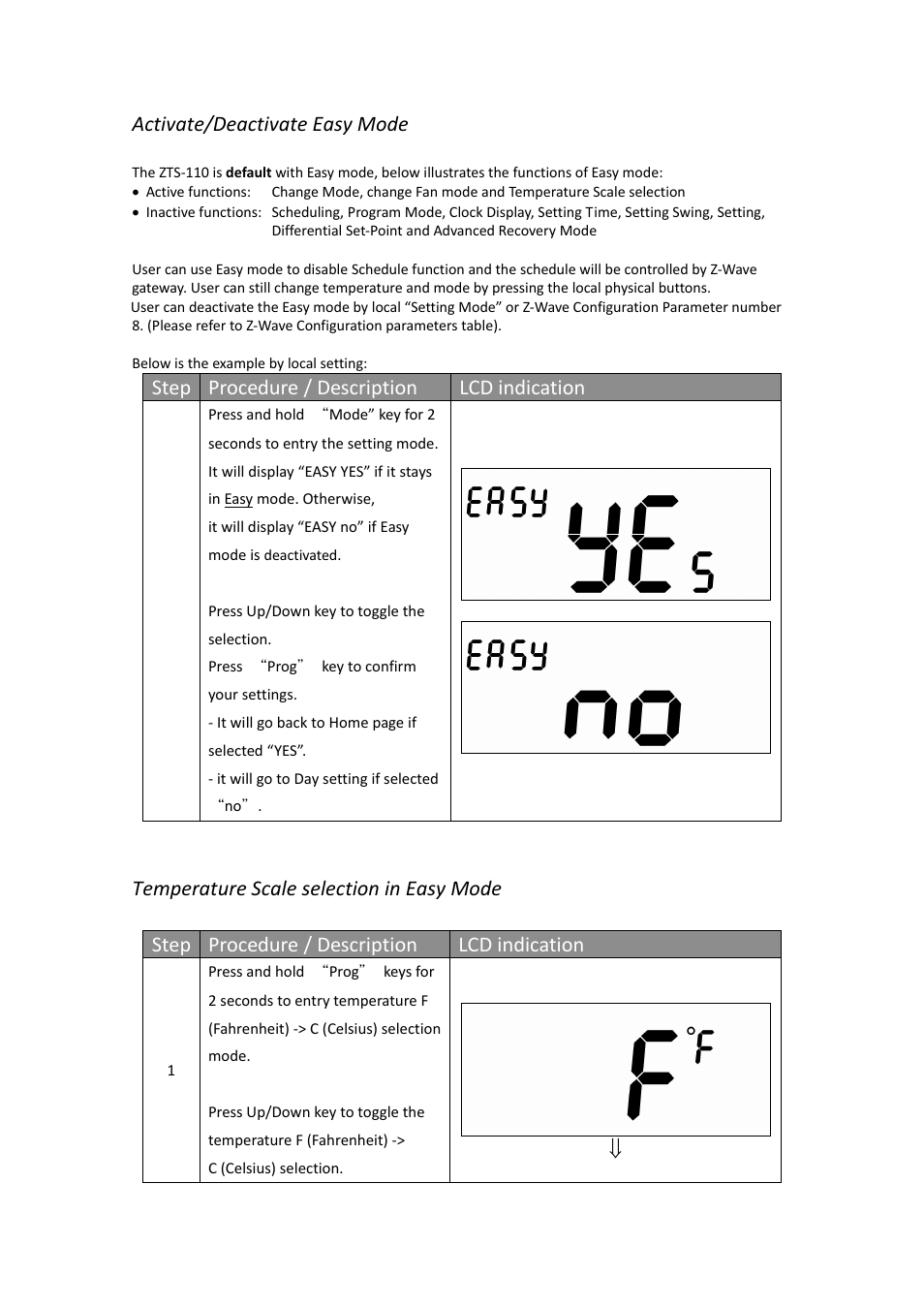 Activate/deactivate easy mode, Step procedure / description lcd indication | Remotec ZTS-110 V3.14 User Manual | Page 13 / 42