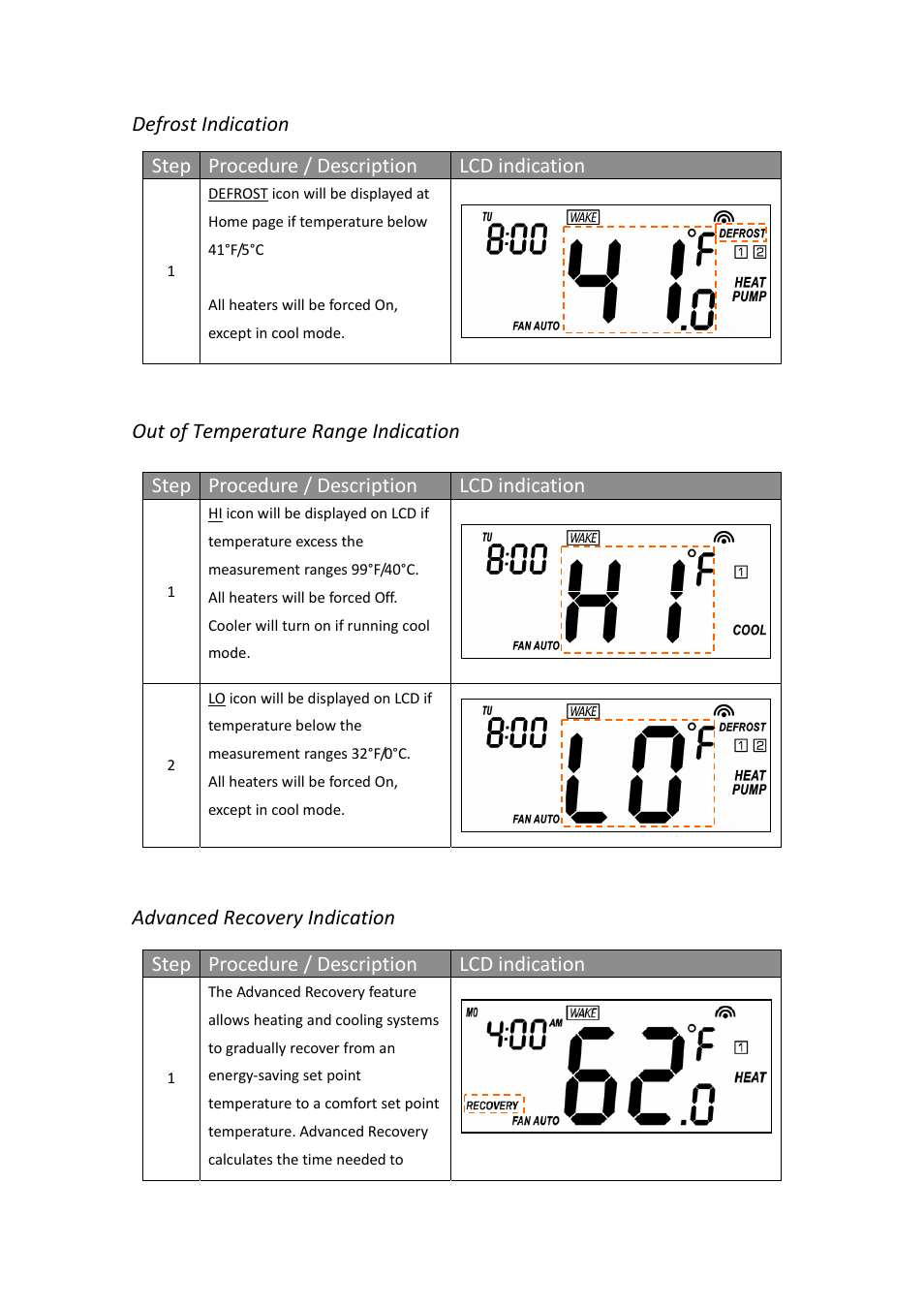 Defrost indication, Step procedure / description lcd indication, Advanced recovery indication | Remotec ZTS-110 V3.14 User Manual | Page 26 / 42