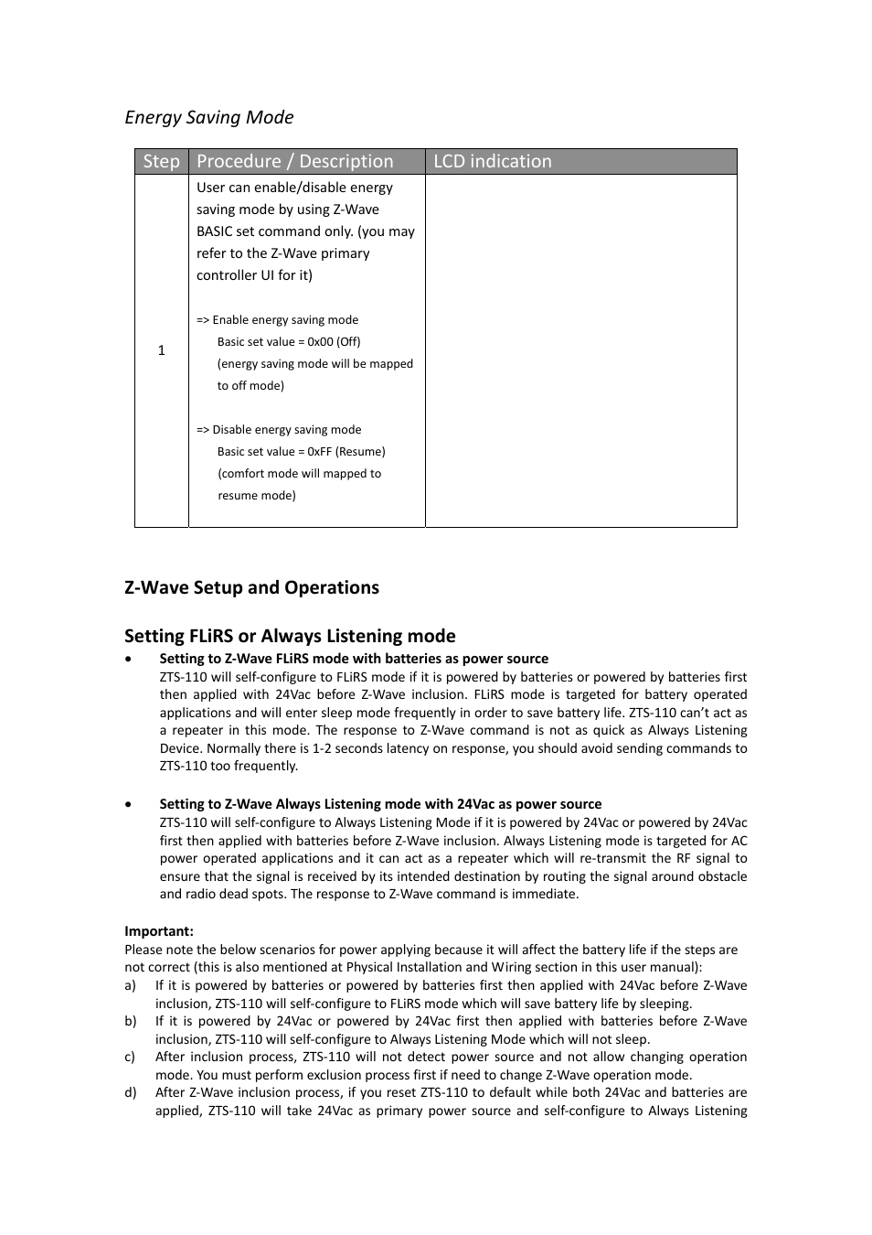 Energy saving mode, Step procedure / description lcd indication | Remotec ZTS-110 V3.14 User Manual | Page 29 / 42