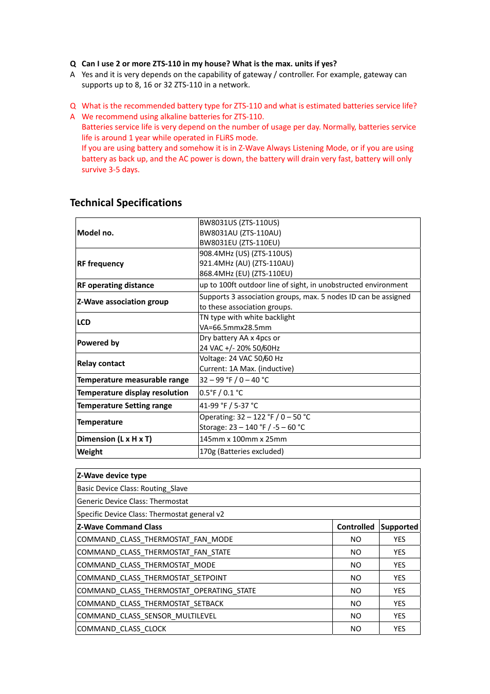 Technical specifications | Remotec ZTS-110 V3.14 User Manual | Page 40 / 42