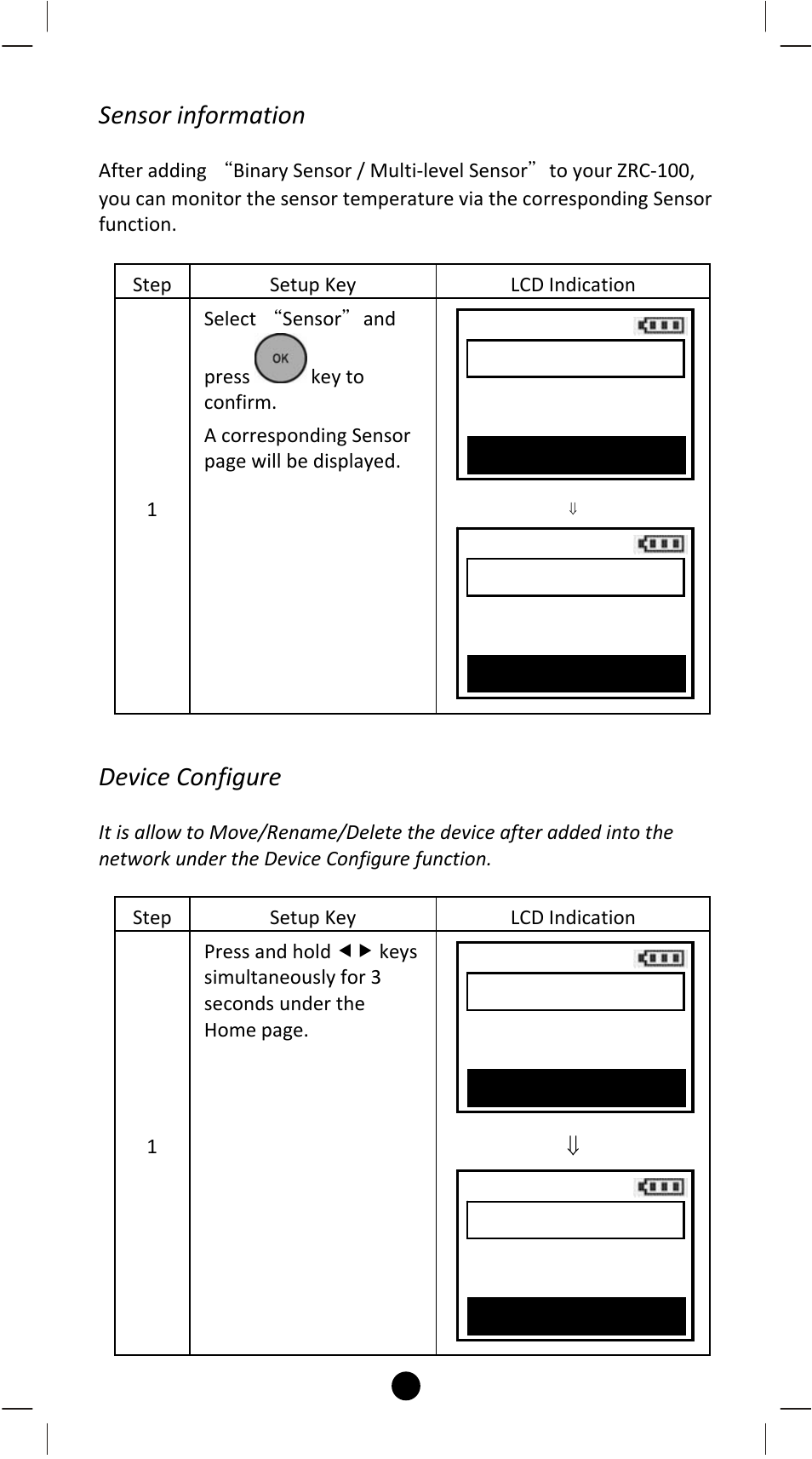 Sensor information, Device configure | Remotec ZRC-100 V1.53 User Manual | Page 20 / 61