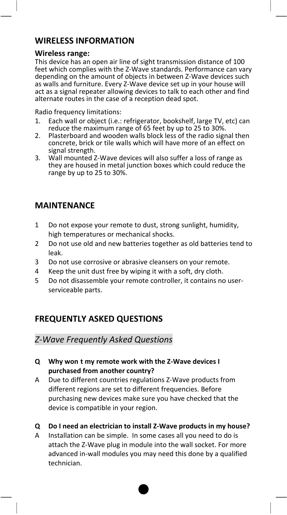 Wireless information, Maintenance, Frequently asked questions | Z‐wave frequently asked questions | Remotec ZRC-100 V1.53 User Manual | Page 54 / 61