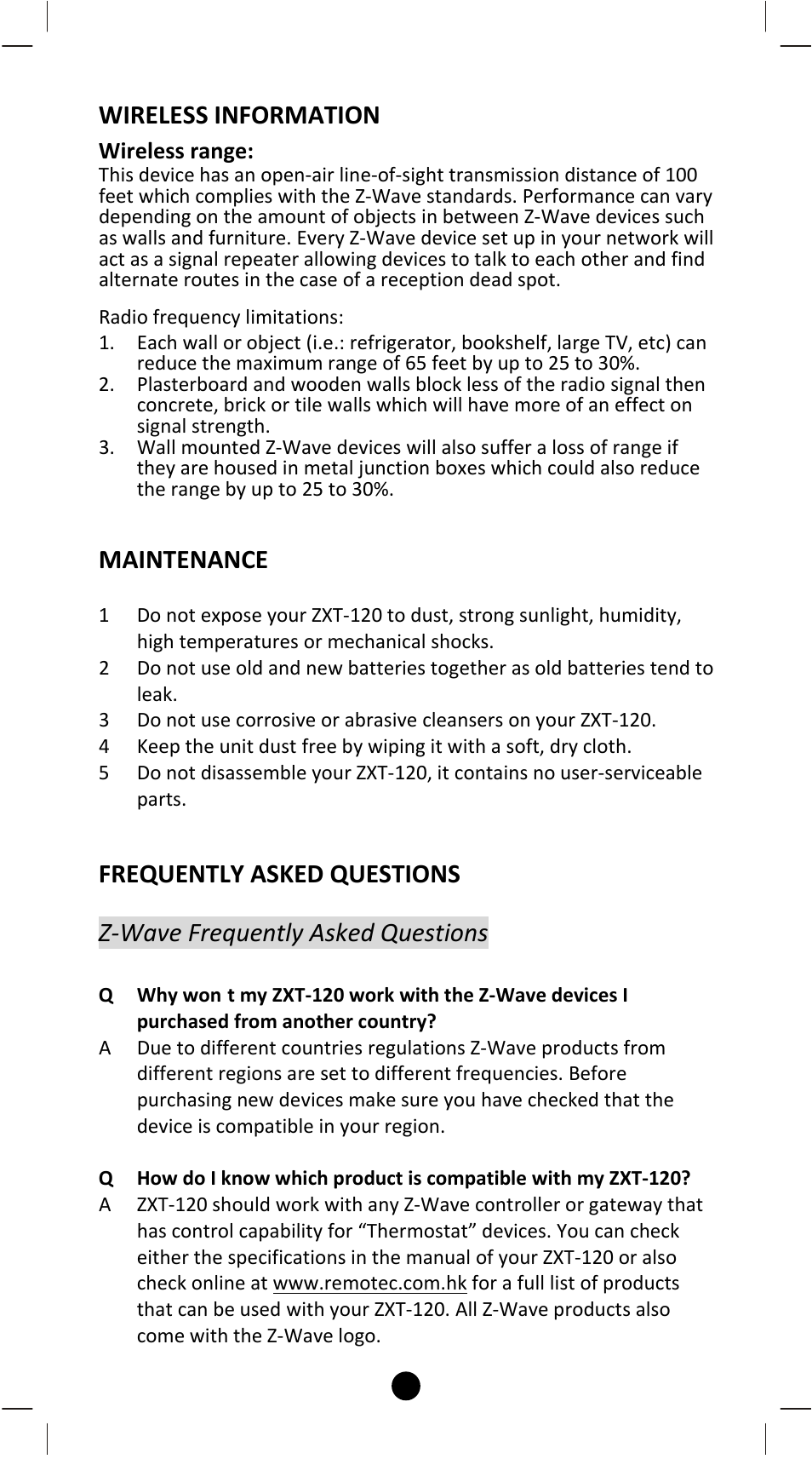 Wireless information, Maintenance, Frequently asked questions | Z‐wave frequently asked questions | Remotec ZXT-120 V1.1 User Manual | Page 21 / 29