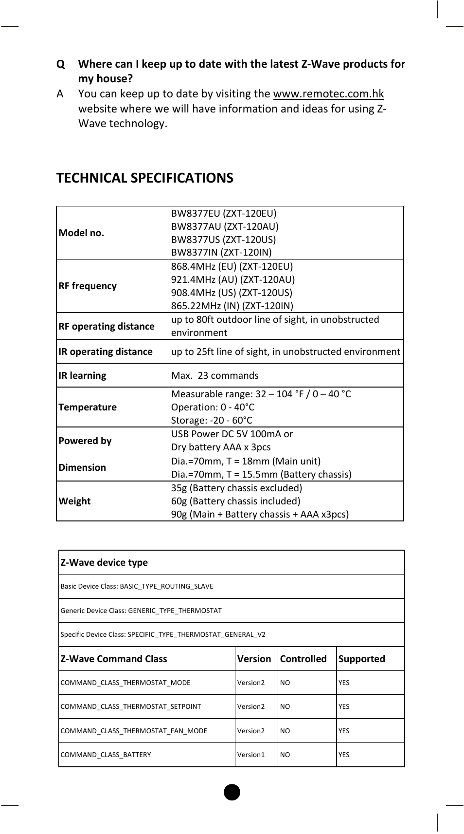 Technical specifications | Remotec ZXT-120 V1.1 User Manual | Page 23 / 29