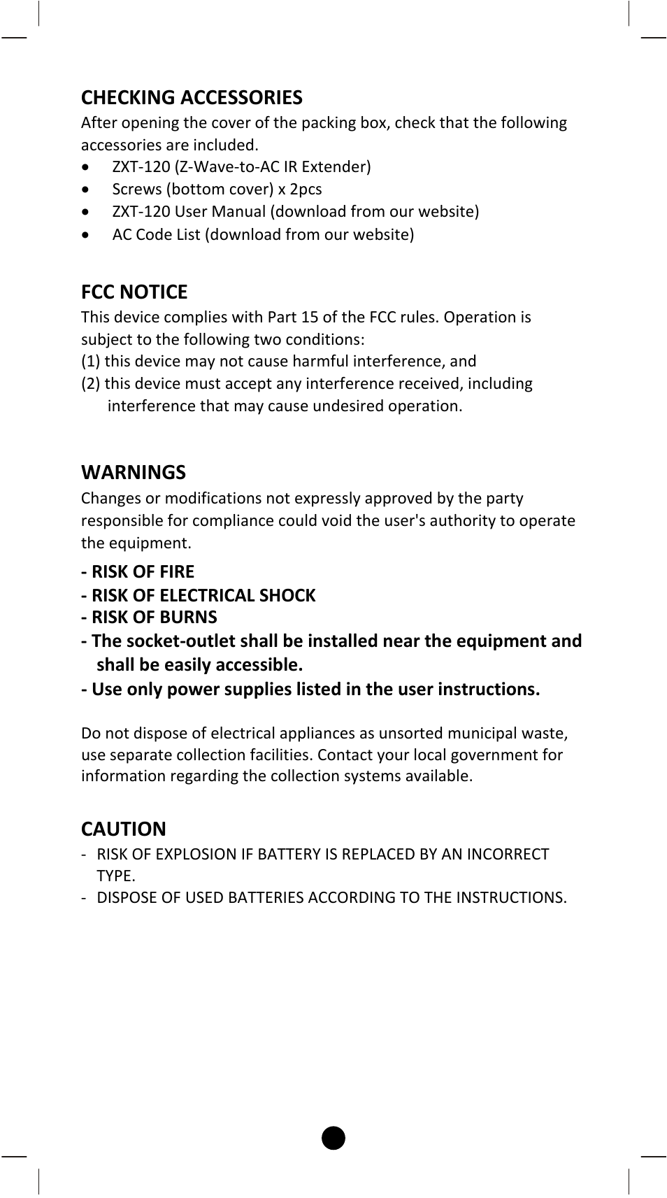 Checking accessories, Fcc notice, Warnings | Caution | Remotec ZXT-120 V1.1 User Manual | Page 28 / 29