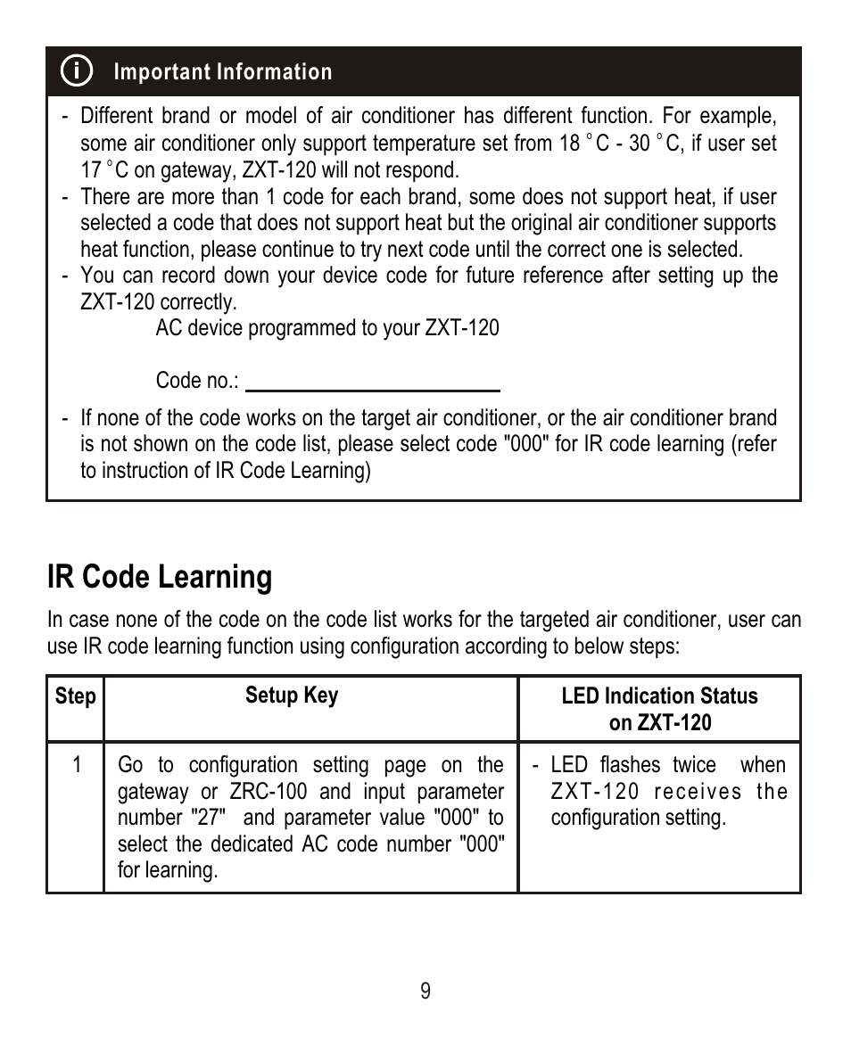 Ir code learning | Remotec ZXT-120 V1.6E User Manual | Page 10 / 28