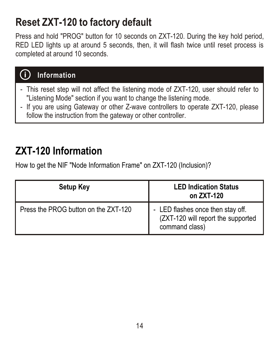 Reset zxt-120 to factory default, Zxt-120 information | Remotec ZXT-120 V1.6E User Manual | Page 15 / 28