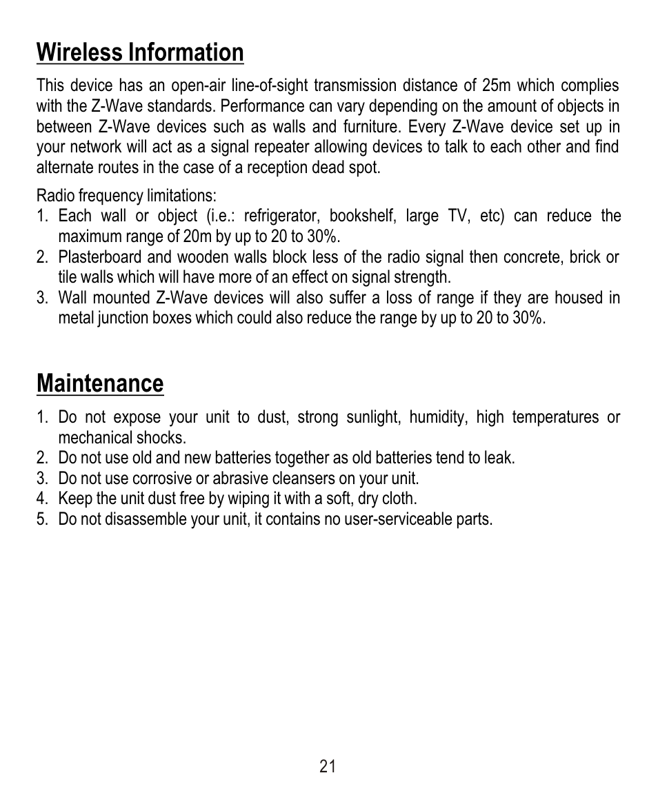 Wireless information, Maintenance | Remotec ZXT-120 V1.6E User Manual | Page 22 / 28