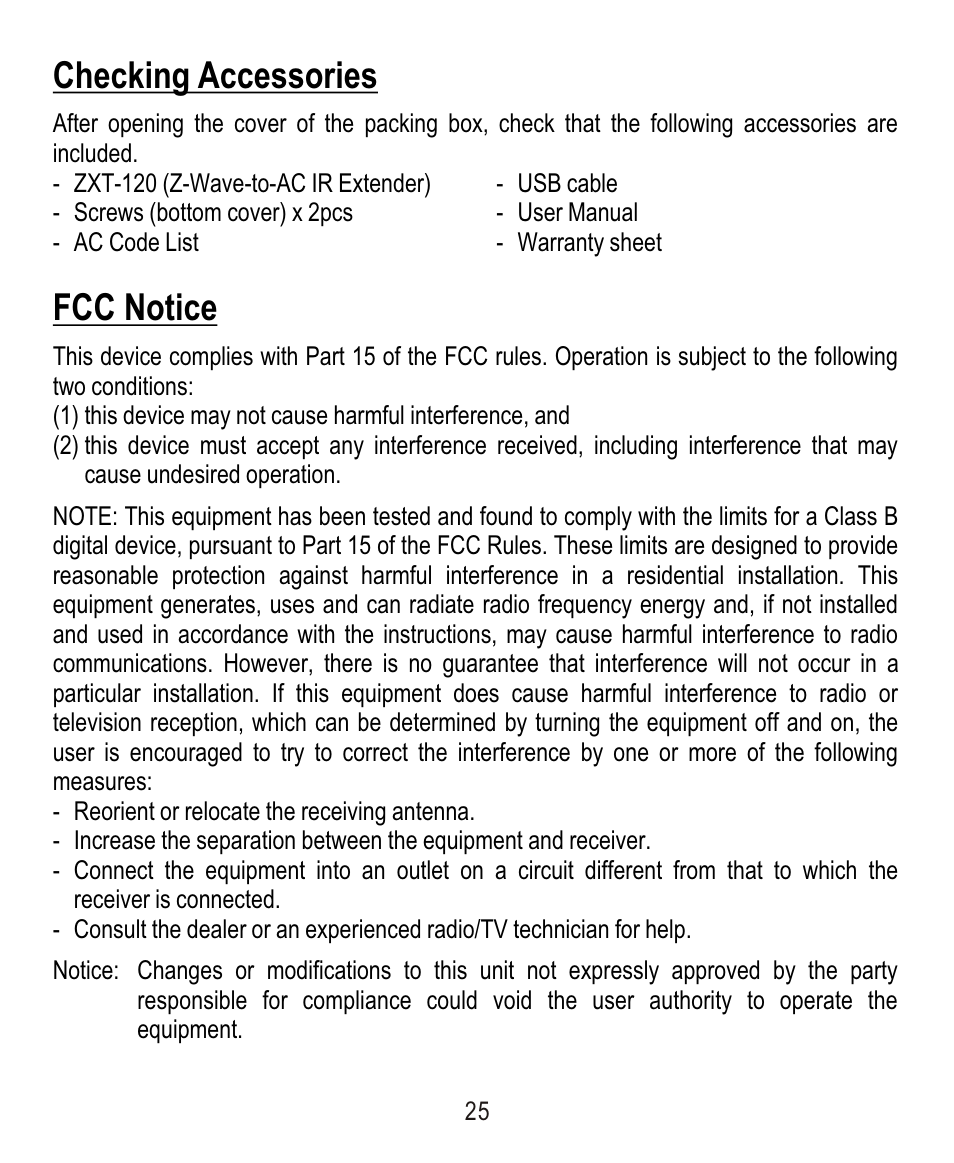 Checking accessories, Fcc notice | Remotec ZXT-120 V1.6E User Manual | Page 26 / 28