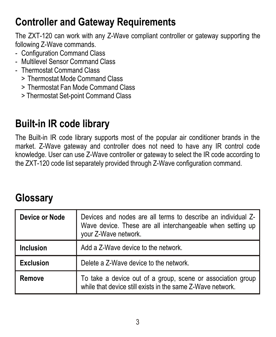 Controller and gateway requirements, Built-in ir code library, Glossary | Remotec ZXT-120 V1.6E User Manual | Page 4 / 28