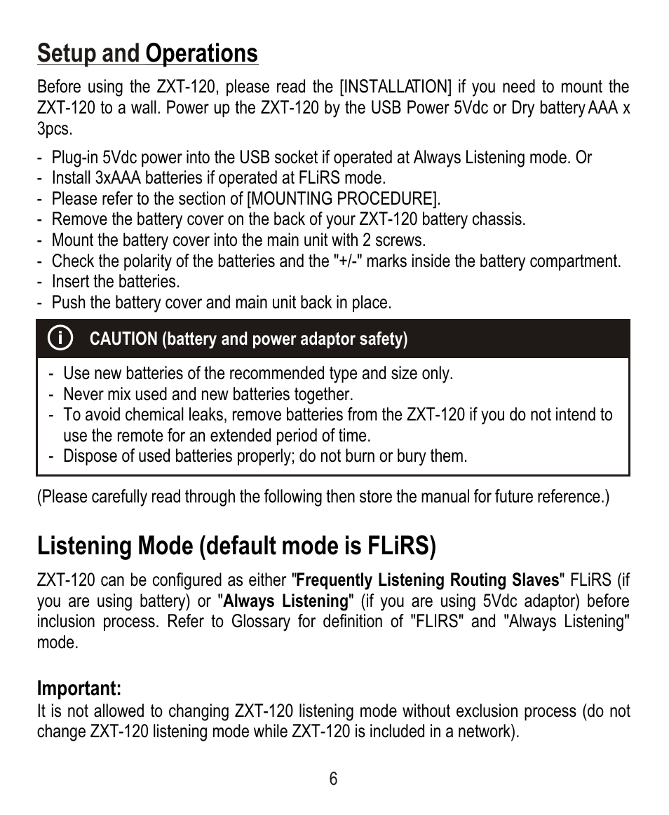 Setup and operations, Listening mode (default mode is flirs) | Remotec ZXT-120 V1.6E User Manual | Page 7 / 28