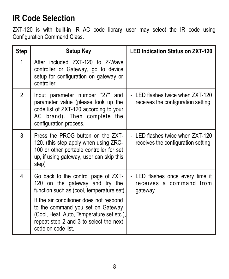 Ir code selection | Remotec ZXT-120 V1.6E User Manual | Page 9 / 28