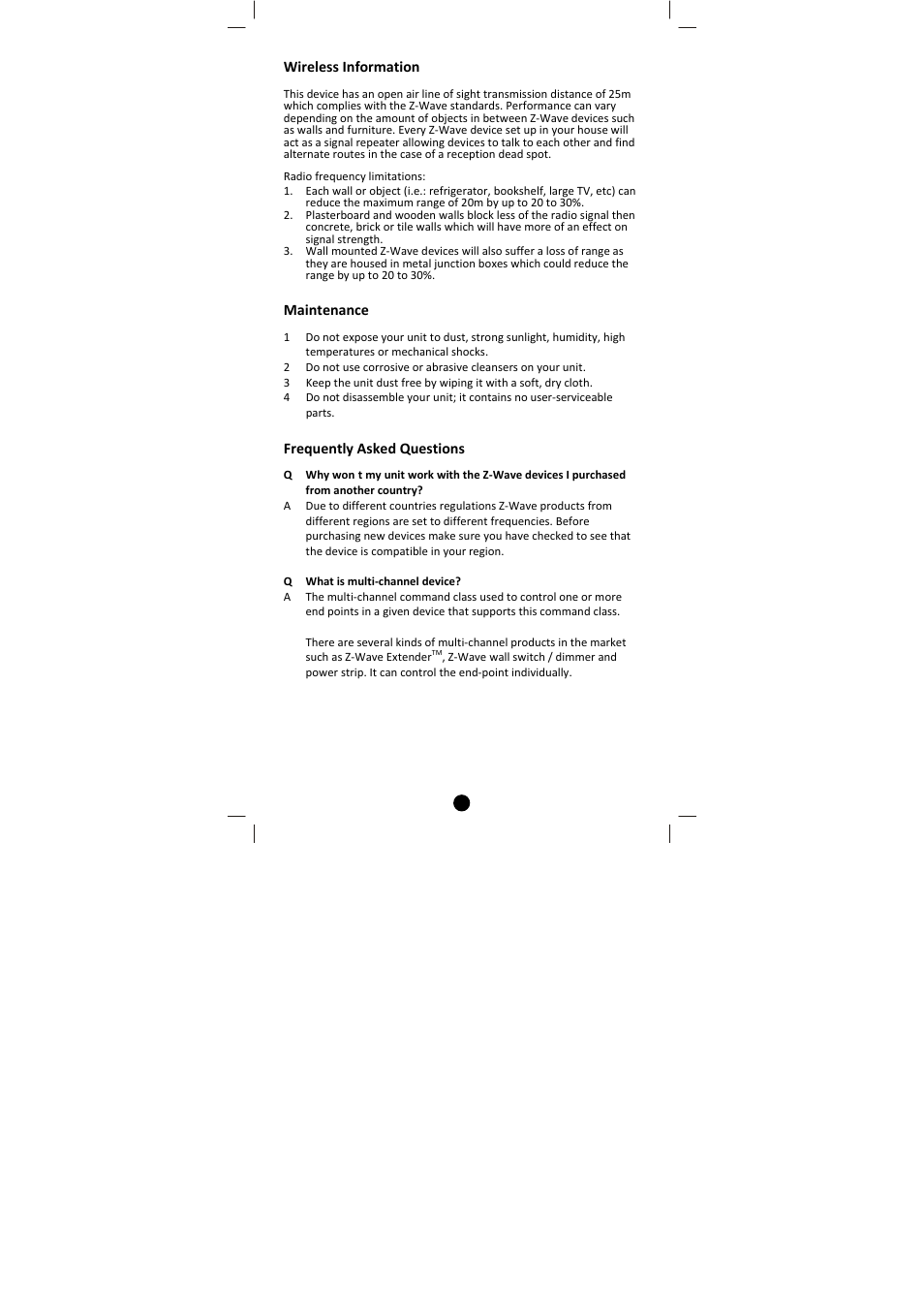 Wireless information, Maintenance, Frequently asked questions | Remotec ZXT-310 V1.2 User Manual | Page 23 / 27