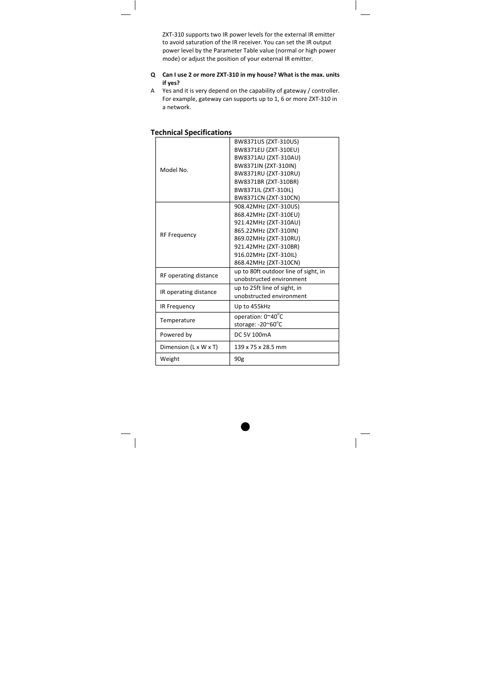 Technical specifications | Remotec ZXT-310 V1.2 User Manual | Page 25 / 27