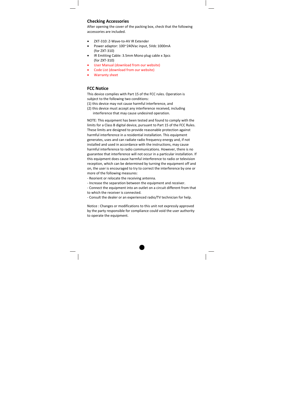 Checking accessories, Fcc notice | Remotec ZXT-310 V1.2 User Manual | Page 26 / 27