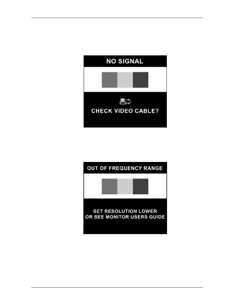 Monitor messages, No signal message, Out of frequency range message | Compaq 9500 User Manual | Page 18 / 36
