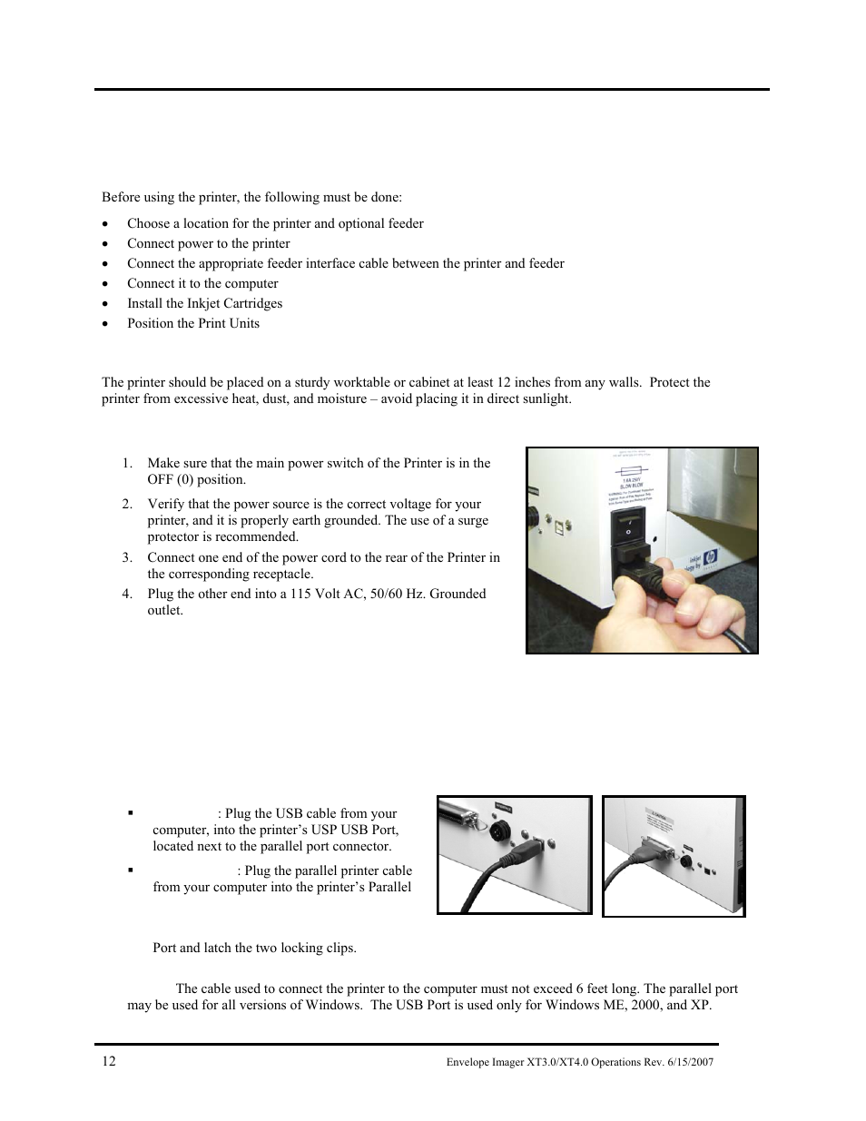 Section 2 – printer installation and setup, Choose a location, Connecting power to the printer | Connecting to the computer, Hoose a, Ocation, Onnecting, Ower to the, Rinter, Onnecting to the | Rena Envelope Imager XT 3.0 User Manual | Page 12 / 56