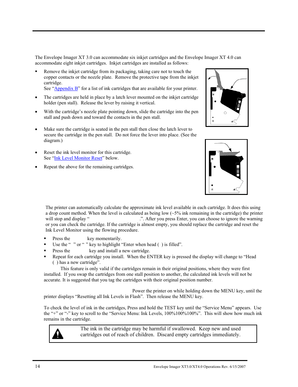 Installing the ink cartridges, Ink level monitor reset, Nstalling the | Artridges | Rena Envelope Imager XT 3.0 User Manual | Page 14 / 56