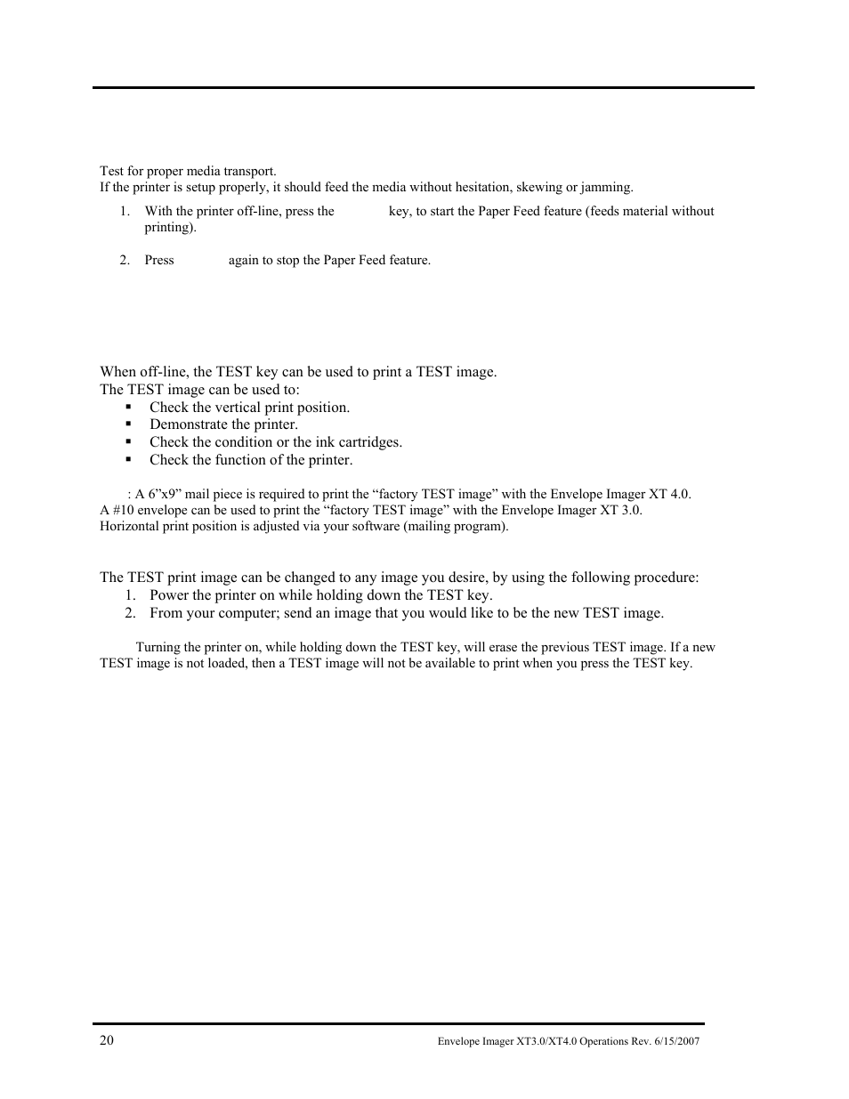 Paper feed (media transport) test, Test print, Aper | Edia, Ransport, Test, Rint | Rena Envelope Imager XT 3.0 User Manual | Page 20 / 56