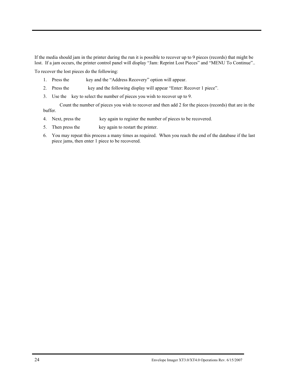 Print recovery after a jam, Rint, Ecovery | Fter a | Rena Envelope Imager XT 3.0 User Manual | Page 24 / 56